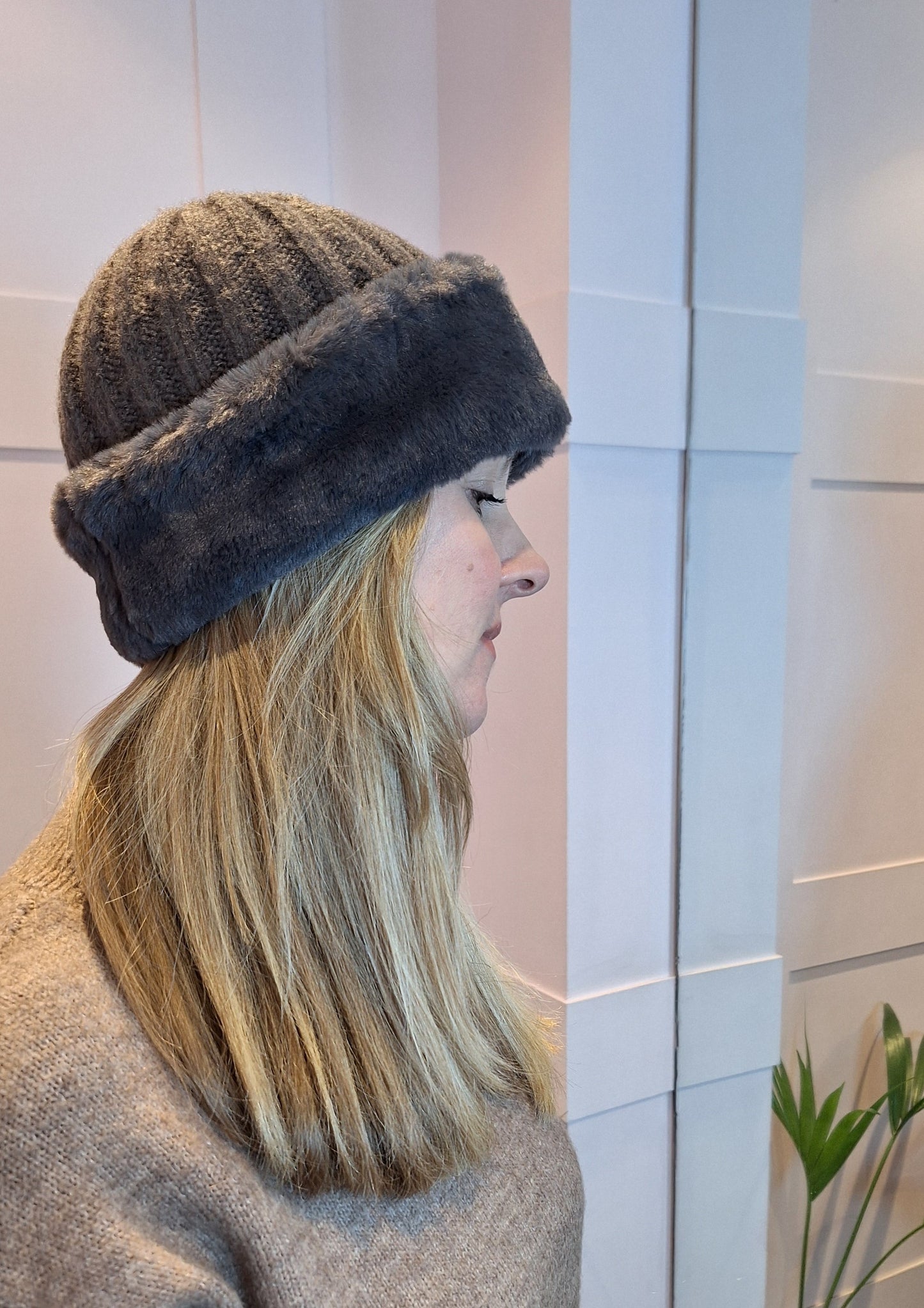 Grey Soft Ribbed Hat With Faux Fur Trim