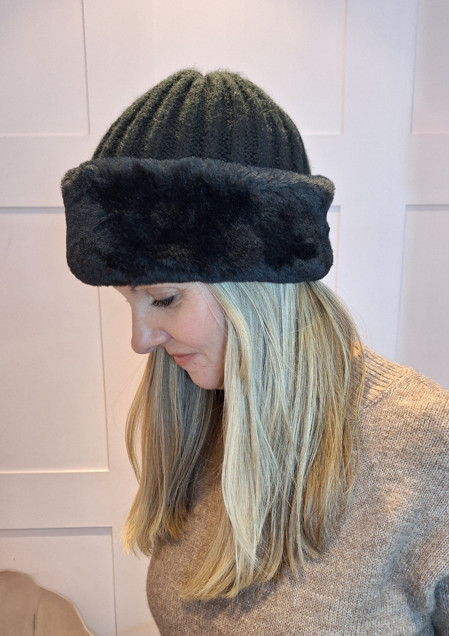 Black Soft Ribbed Hat With Faux Fur Trim