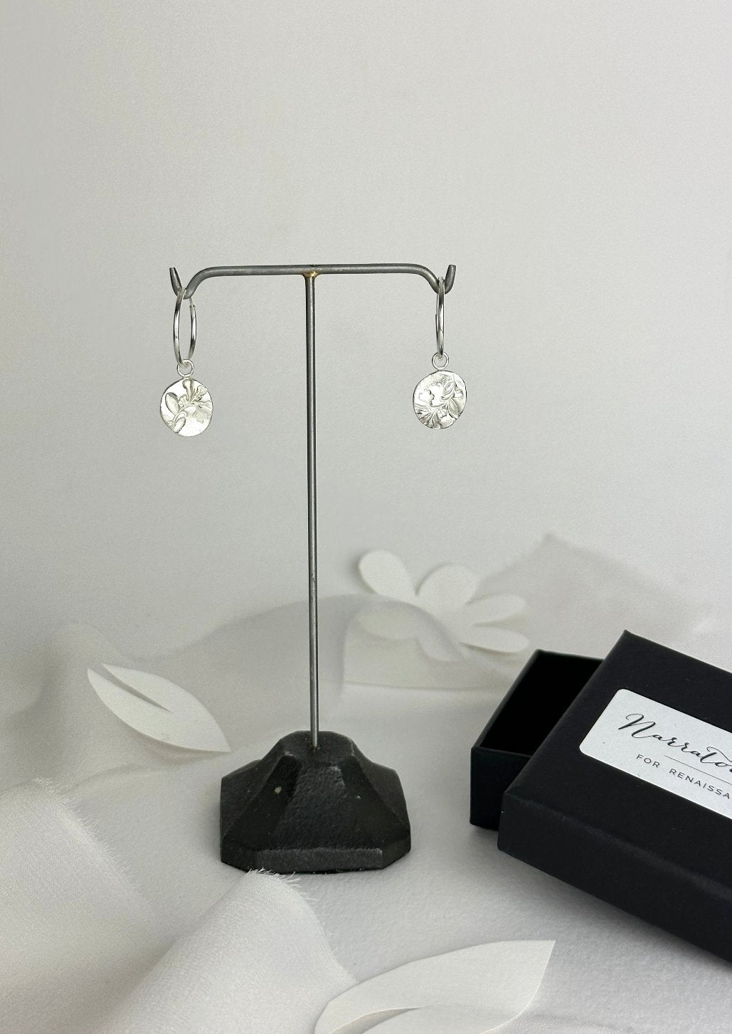 Pressed Forget Me Not Wild Flower Hoop Earring Sterling Silver