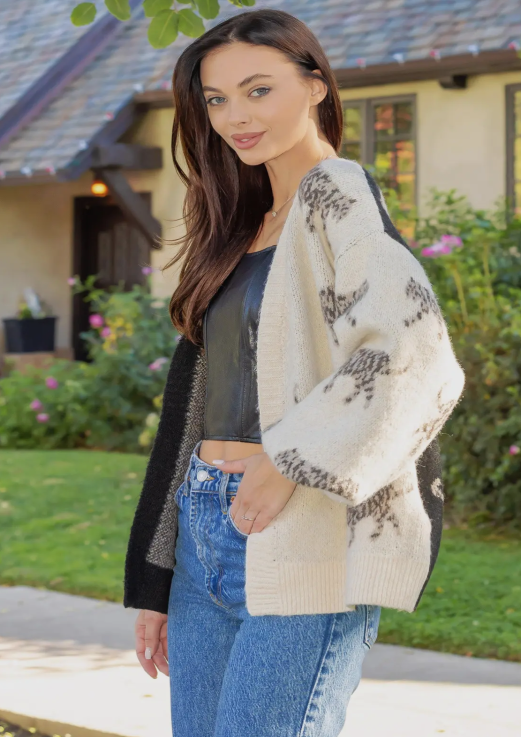 Black & White Leopard Colour Block Cardigan